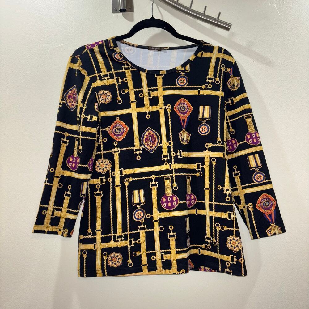 J. McLaughlin Catalina Cloth Black & Gold Printed Crew Neck Size Medium